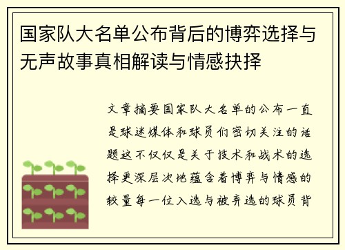 国家队大名单公布背后的博弈选择与无声故事真相解读与情感抉择